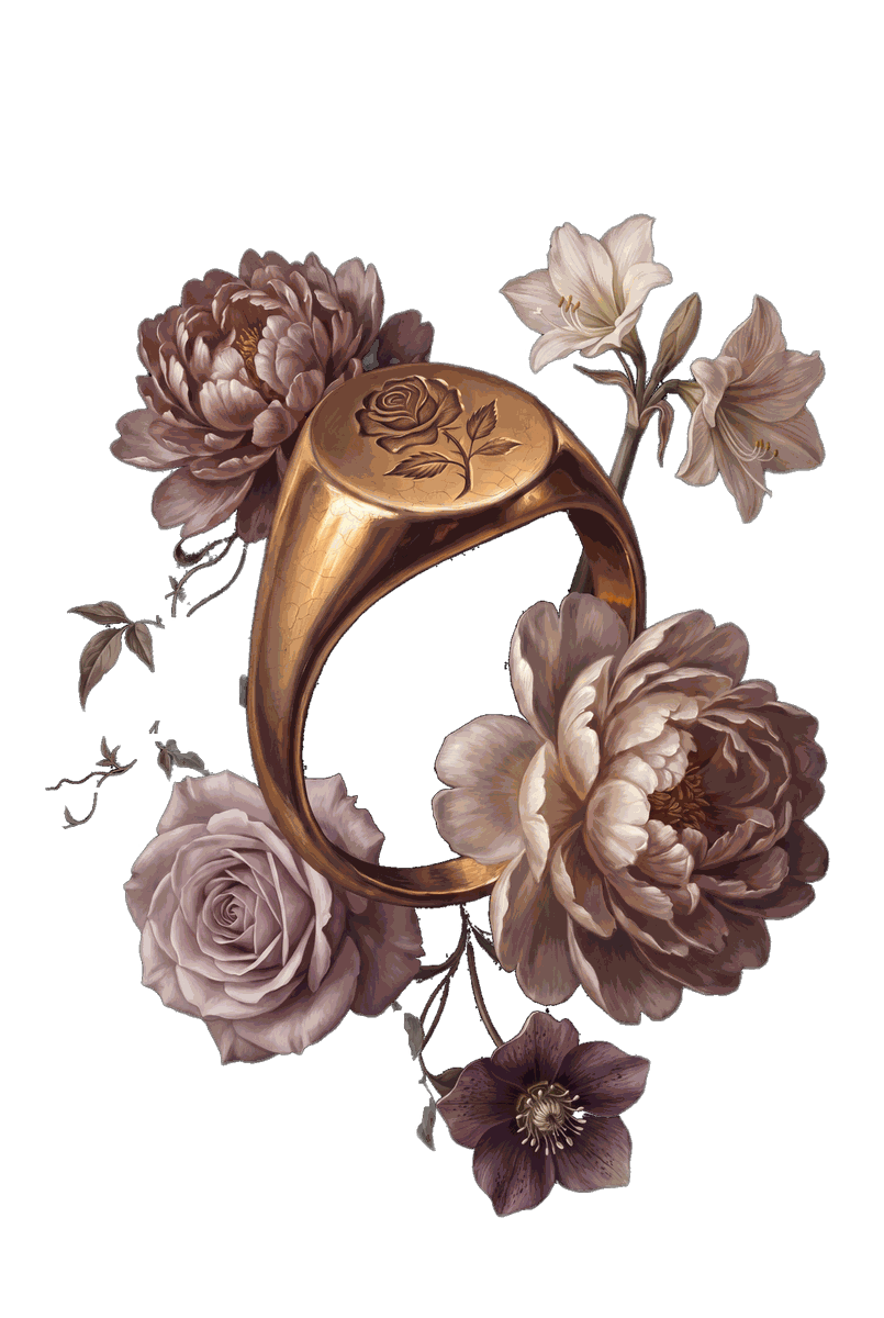 A gold signet ring with a rose crest, cradled in dark flowers
